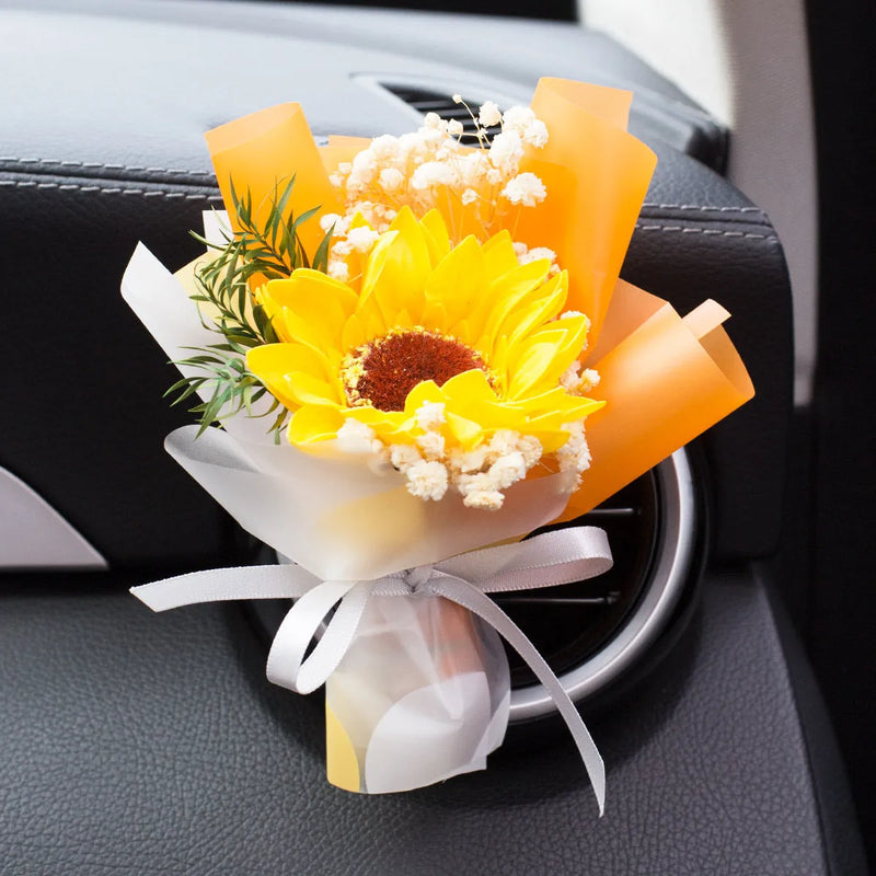 Dried flower air freshener set with replaceable fragrance strips for car air vents and aromatherapy spaces - includes one decorative dried bouquet and scented slices in various colour options including Admire The Years, Bamboo Stone, and Blue Romance.