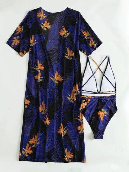 Women's three-piece polyester swimsuit set with one-piece swimsuit and matching cover-up in a pattern design.