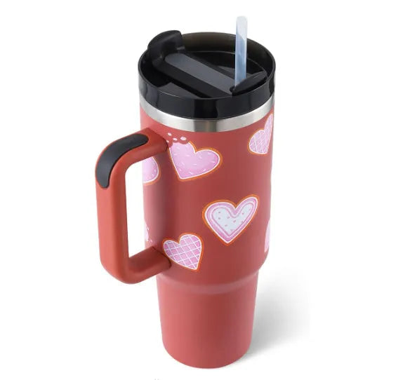 40oz stainless steel tumbler with handle and straw in various colour options showing tapered shape and spill-proof lid
