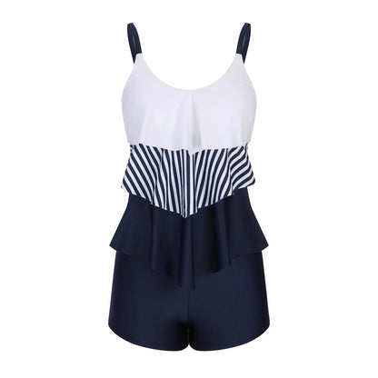 Ladies conservative stripe boyshorts swimsuit bikini with split fashion top in polyester fabric
