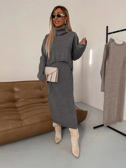 Winter women's 2-piece sweater suit with turtleneck pullover and sleeveless long dress