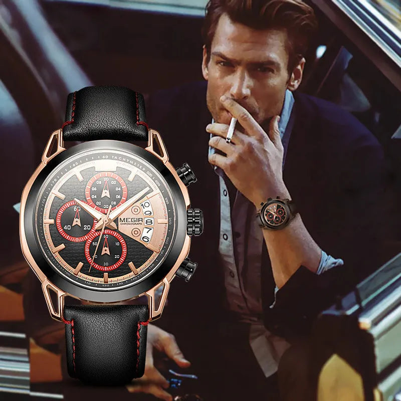Men's black waterproof luminous quartz watch with leather strap and alloy case