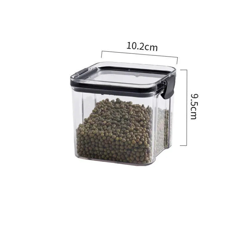 Transparent square grain storage container with black lid in multiple capacity sizes