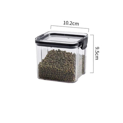 Transparent square grain storage container with black lid in multiple capacity sizes