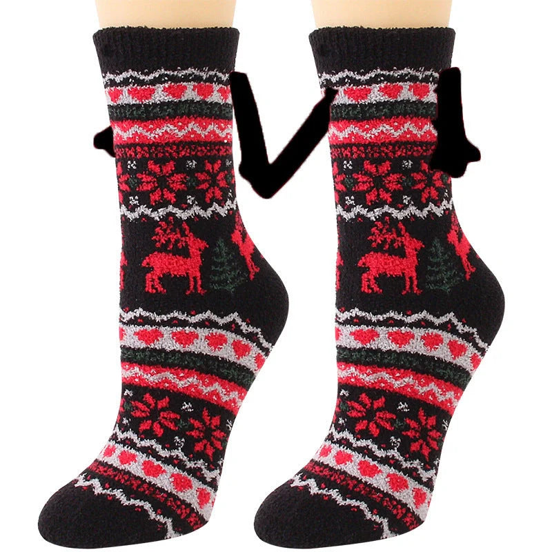 Christmas couple socks with magnetic suction feature for hand holding, in various animal patterns