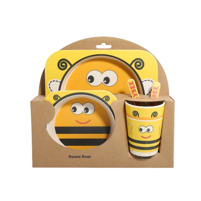Stylish bamboo fibre children's tableware set with playful animal designs