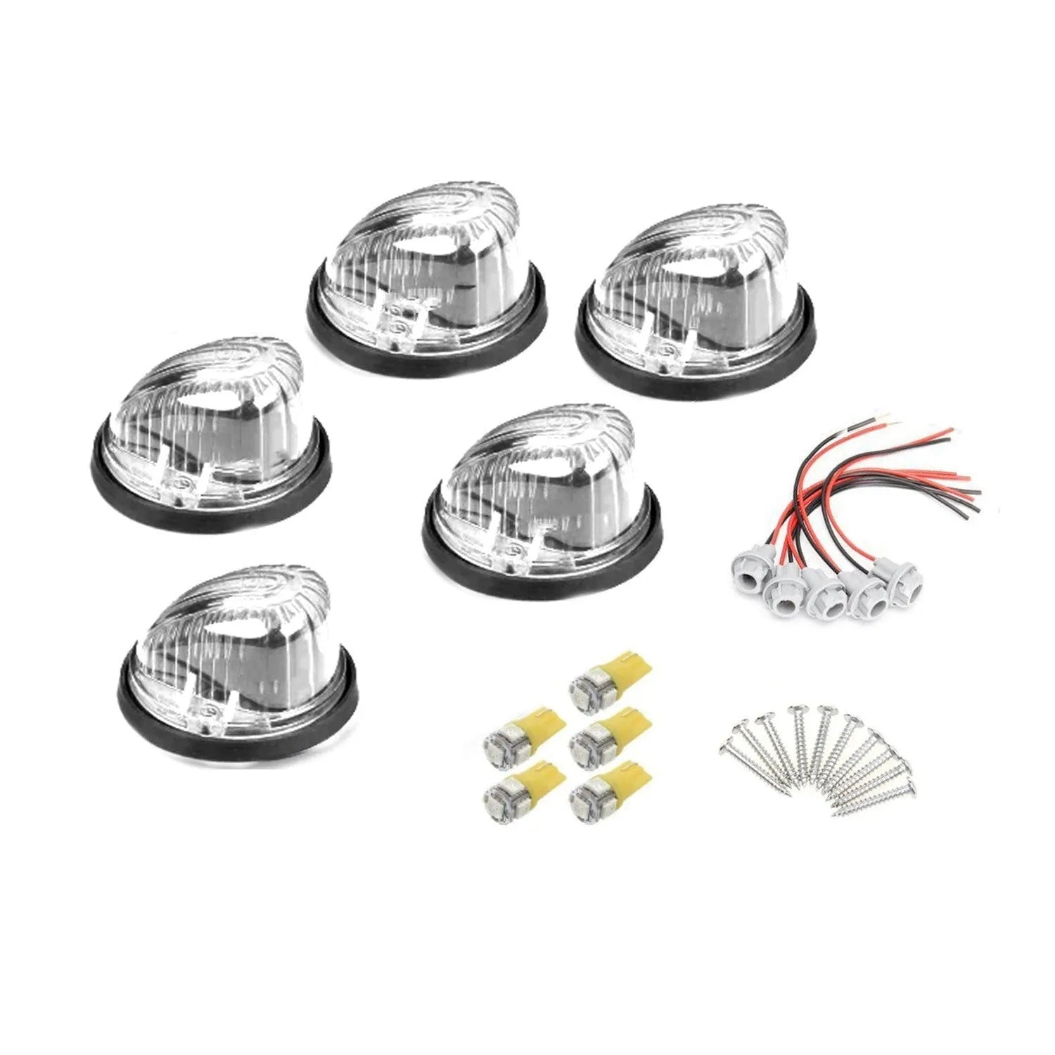 GR-model LED roof cab light kit showing yellow, transparent, and smoked black polycarbonate lenses with bases and bulbs.