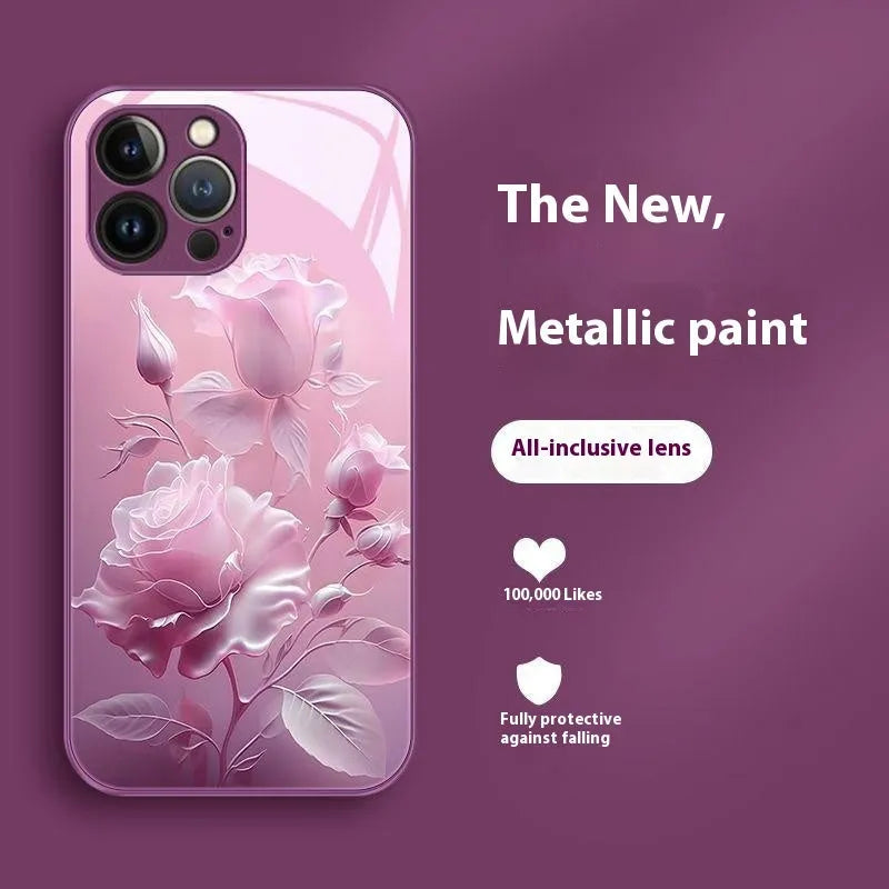 Blooming rose glass painted phone case in red with tempered glass and all-inclusive fit for iPhone 12-15 models