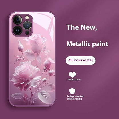 Blooming rose glass painted phone case in red with tempered glass and all-inclusive fit for iPhone 12-15 models