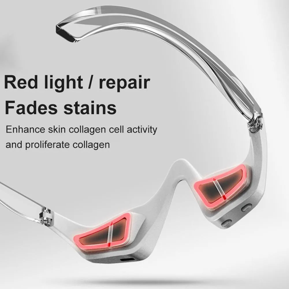 3D Eye Beauty Instrument micro-current massager in pink or white, showing glasses-like design and one-button control for eye relaxation