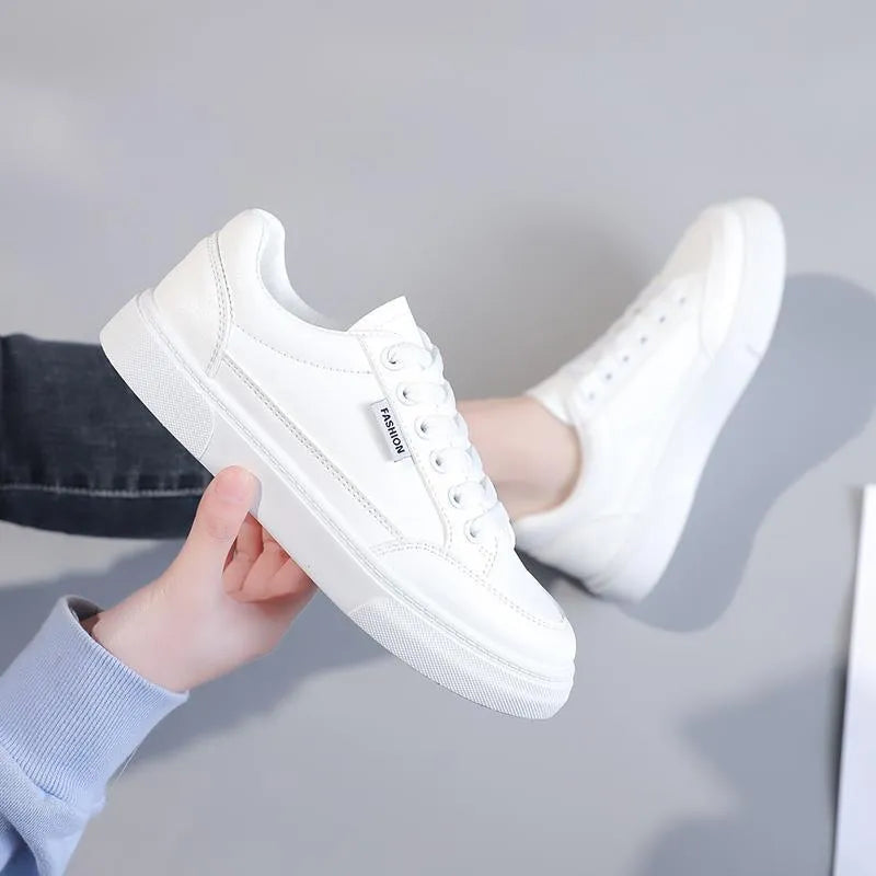Korean style solid colour low-top sneakers for women with artificial PU upper in white and brown options