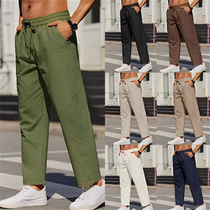 Men's straight-leg linen trousers with an elastic waist in a solid colour