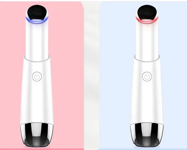 Mini electric vibration eye massager pen in pink and white with 40°C thermal head and USB charging cable