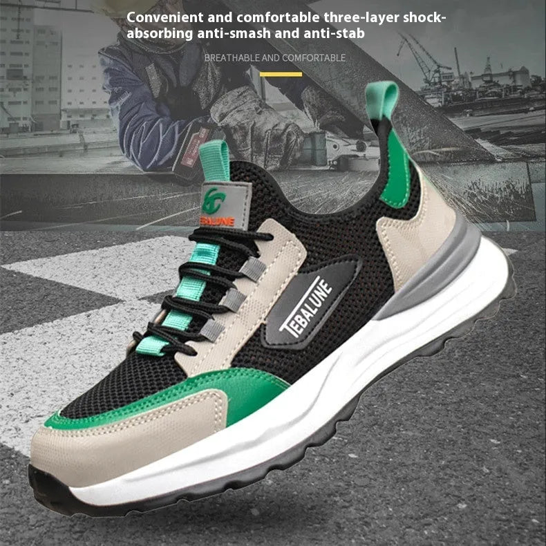 Black green mesh safety shoe with plastic steel toe cap, low-top design, and TPU sole