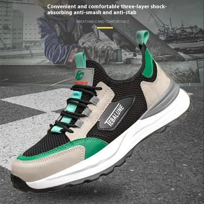 Black green mesh safety shoe with plastic steel toe cap, low-top design, and TPU sole