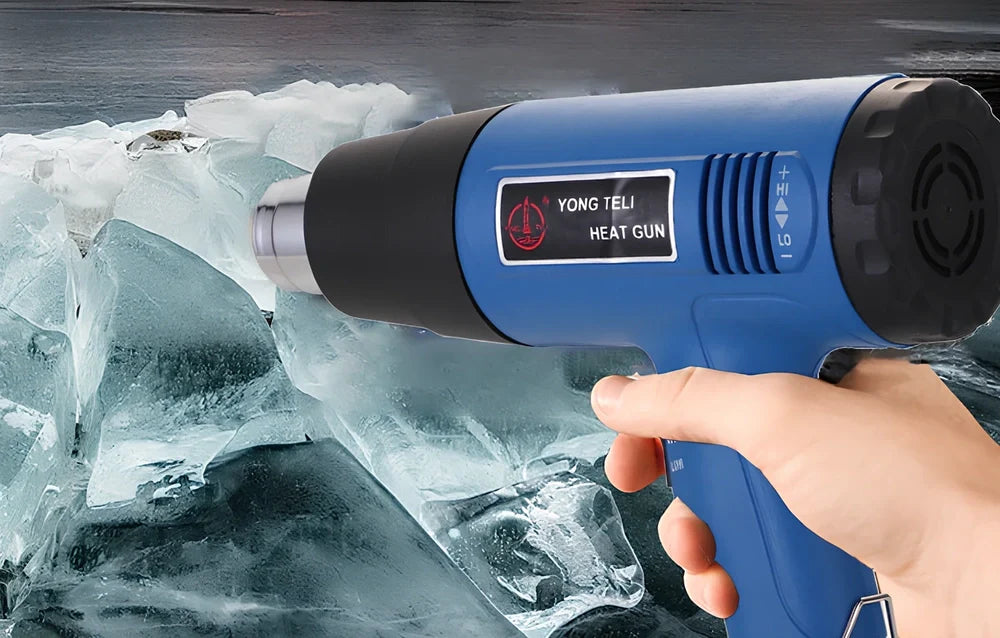 Industrial heat gun with temperature dial showing 300-500°C range and dual air flow settings
