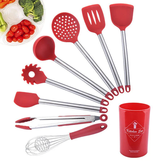 Premium silicone kitchenware set with stainless steel handles in black and red colors, including various cooking utensils and tools