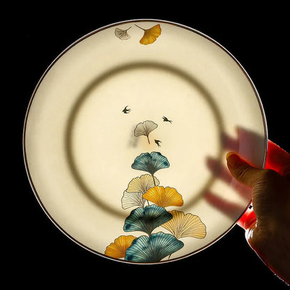 Round porcelain dinner plate with Nordic plant and flower design, flat disk shape, glaze colour finish