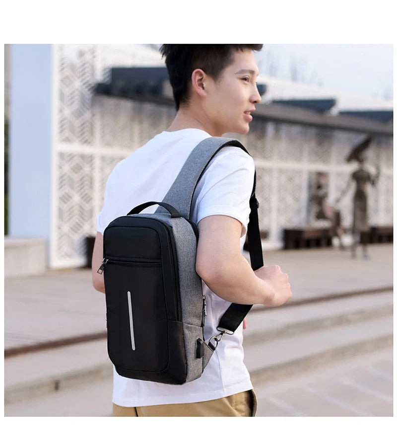 Anti-theft USB charging chest bag in polyester with computer pocket