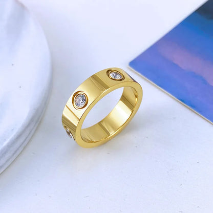 Titanium steel couple ring with six rhinestones, electroplated silver gold or rose gold, 4mm 5mm 6mm width