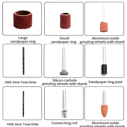 Black 180W electric Dremel drill with 186 accessory pieces including grinding heads and maintenance tools