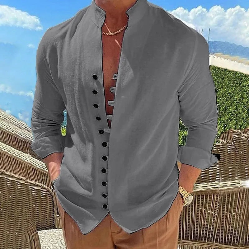 Men's retro button long-sleeved shirt in black, loose fit, standing collar, cotton polyester blend.