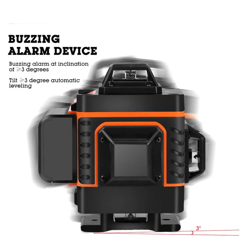 Rotating laser level wall sticker with high-precision green or orange 16-line alignment, 5 metre range ±1mm accuracy for professional levelling and tiling, battery-powered rechargeable design for construction and DIY projects