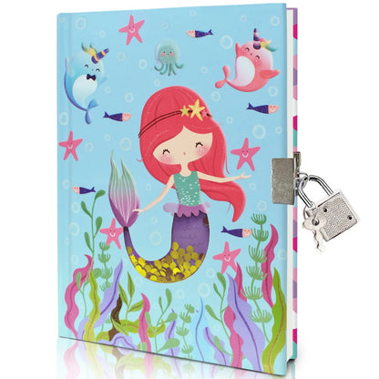 Children's mermaid printed notebook with lock, paper cover, thread binding, and 80 sheets of 70gsm raw wood pulp paper.