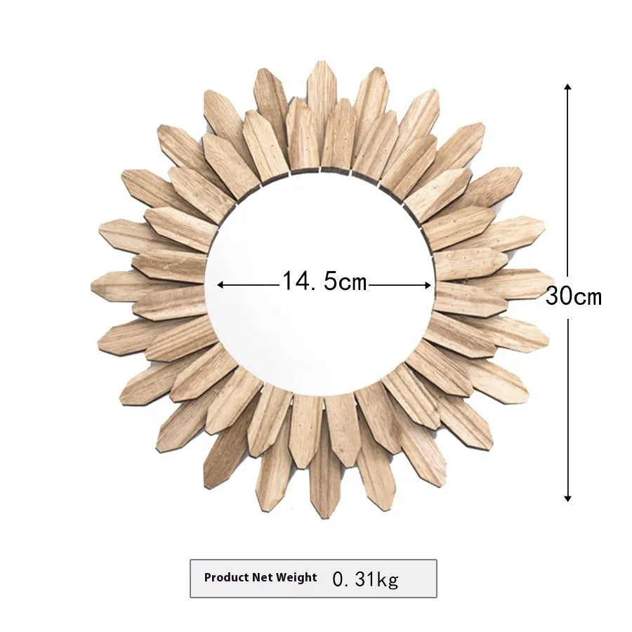 Round European-style solid wood hanging mirror with baked colour frame on a wall.