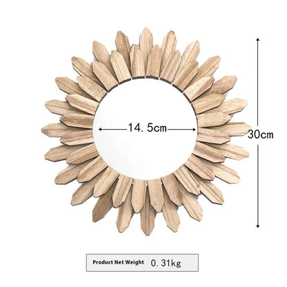 Round European-style solid wood hanging mirror with baked colour frame on a wall.