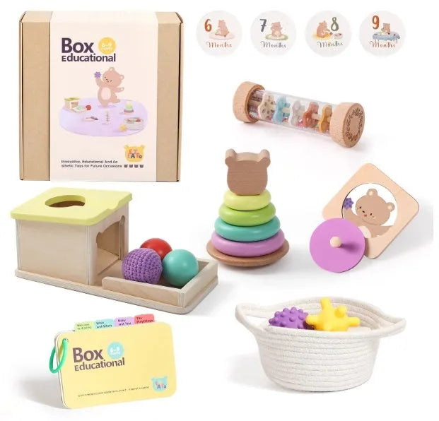 Wooden Montessori rattle toy with black and white cards, ball chime, and colour box for children aged 4-6 years