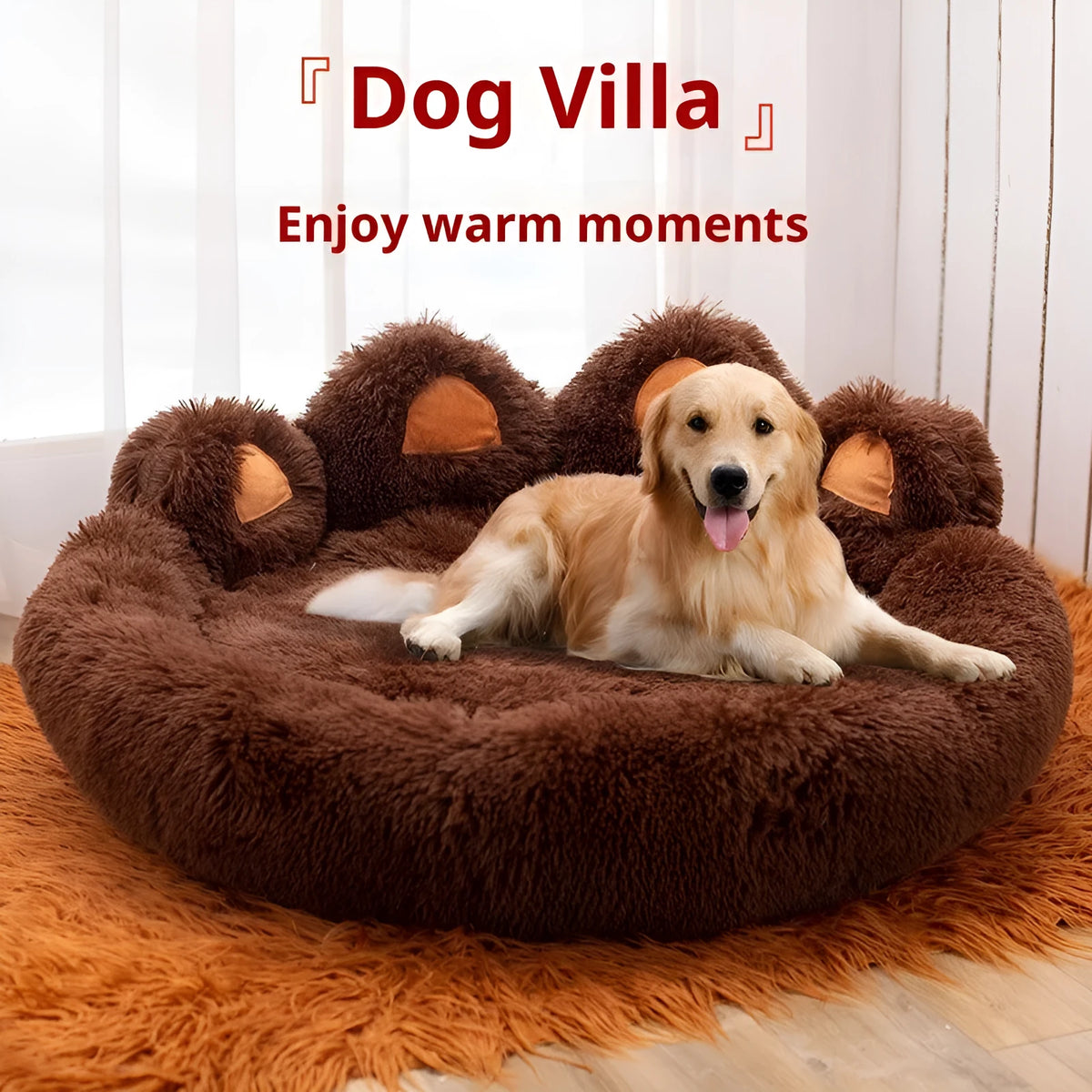 Round plush cloth dog bed in coffee colour, grey or pink, hand-shaped brush nest design, 50cm to 130cm diameter