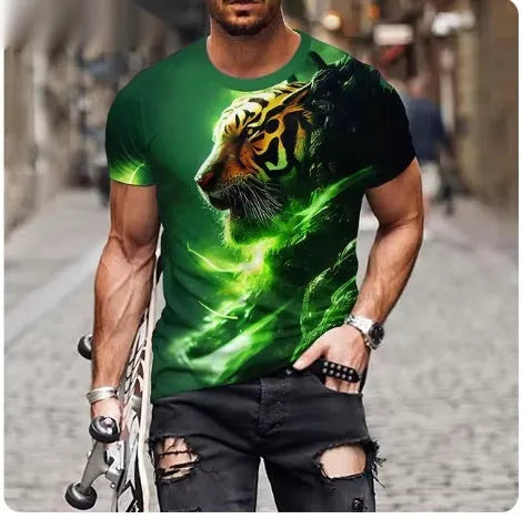 Men's black t-shirt with a fierce 3D printed lion graphic on the chest.