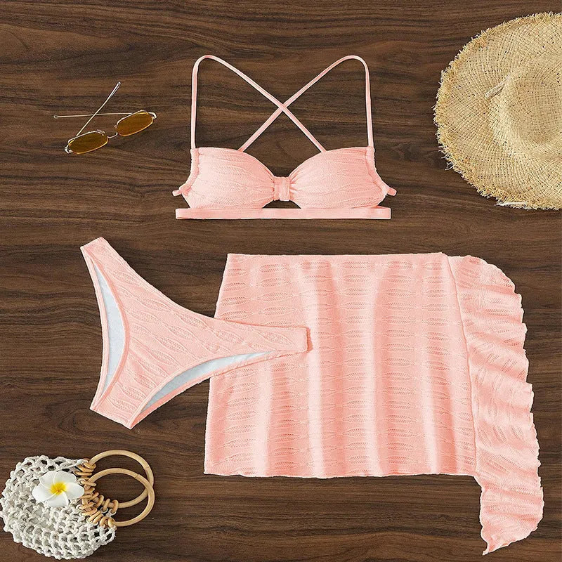Women's light pink lace-up bikini three-piece swimsuit with removable skirt