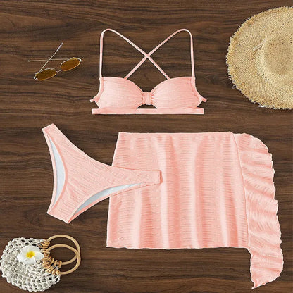 Women's light pink lace-up bikini three-piece swimsuit with removable skirt