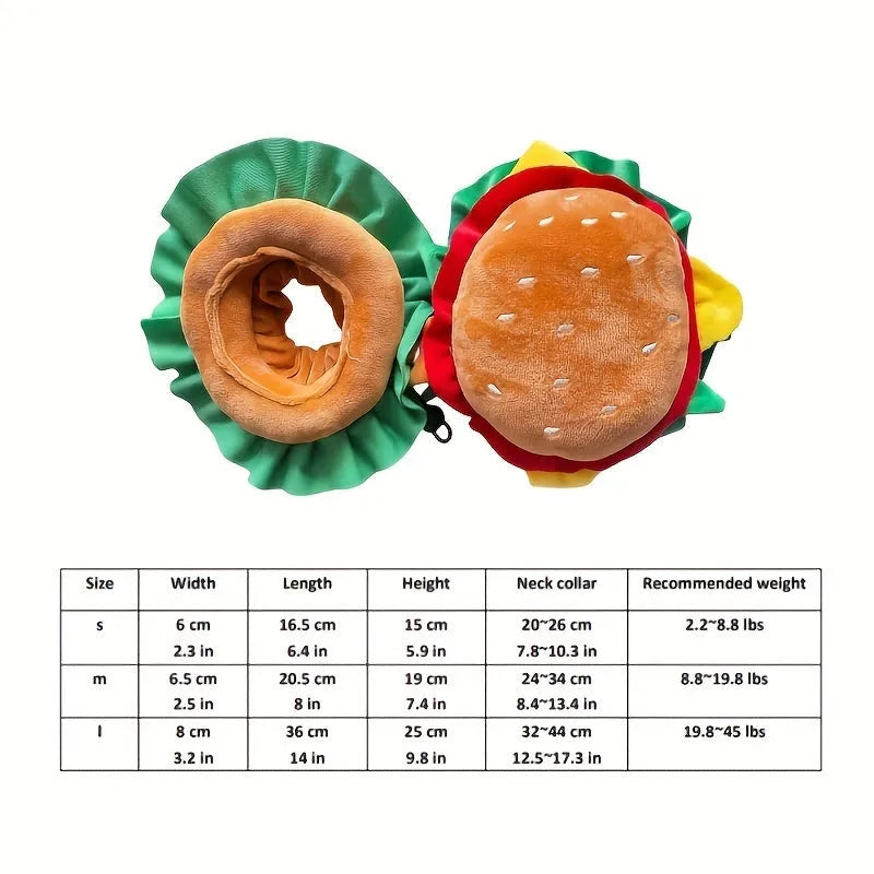 Burger headdress pet collar with sesame seed details and adjustable velcro closure