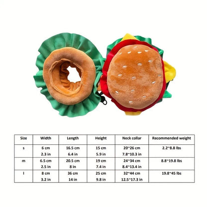 Burger headdress pet collar with sesame seed details and adjustable velcro closure