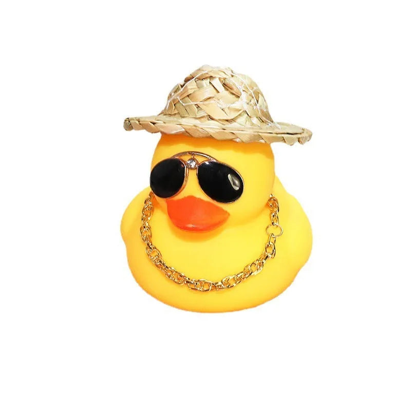 Straw Hat Yellow Duck cartoon car dashboard ornament with removable sunglasses necklace