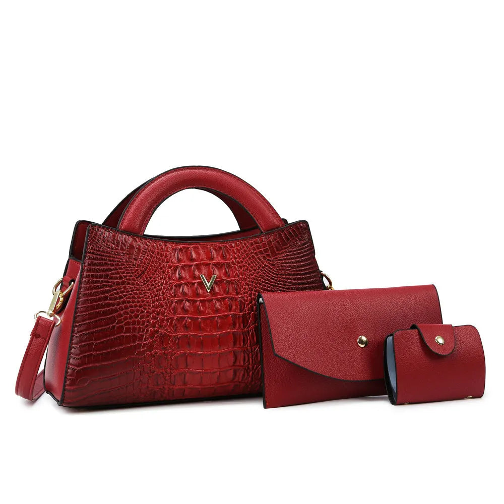 Women's square crossbody bag in crocodile pattern PU leather, showing internal organiser pockets.