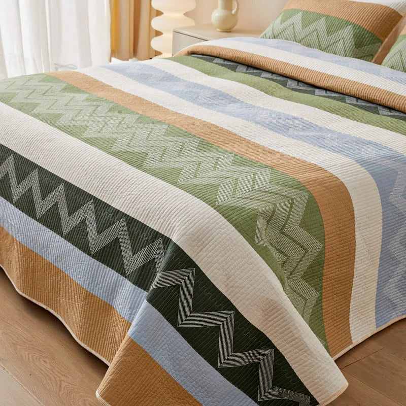 Pure cotton printed bed sheet set in modern simplicity design showing reactive dye patterns and bedspread-style construction