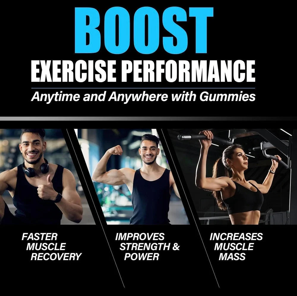 Bottle containing 120 raspberry-flavoured creatine monohydrate gummy tablets for muscle support supplementation