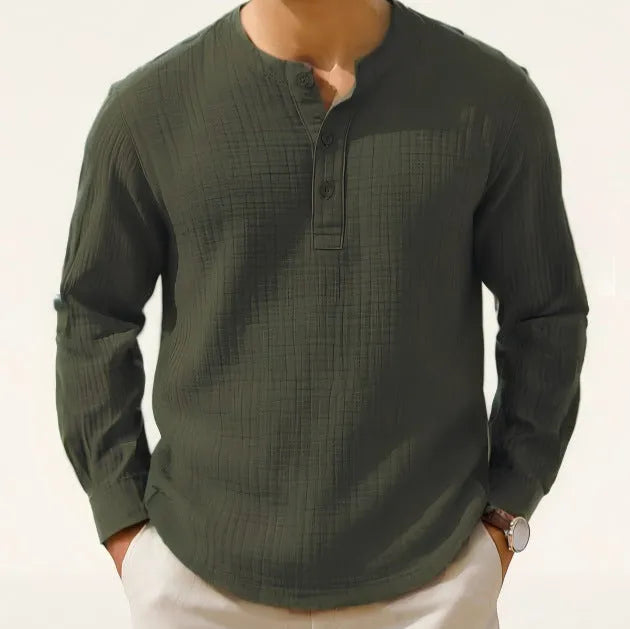 Slim fit long sleeve shirt with round neck and 3/4 sleeves in linen-style fabric