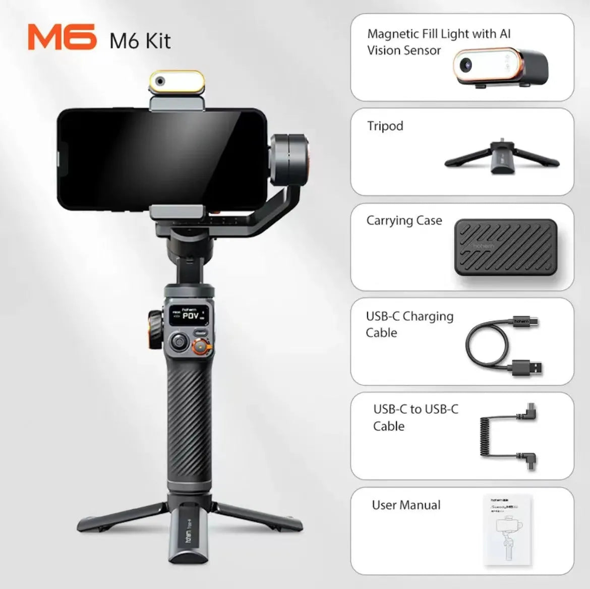 Black AI face and shooting fill light three-axis camera stabiliser M6 kit with tripod
