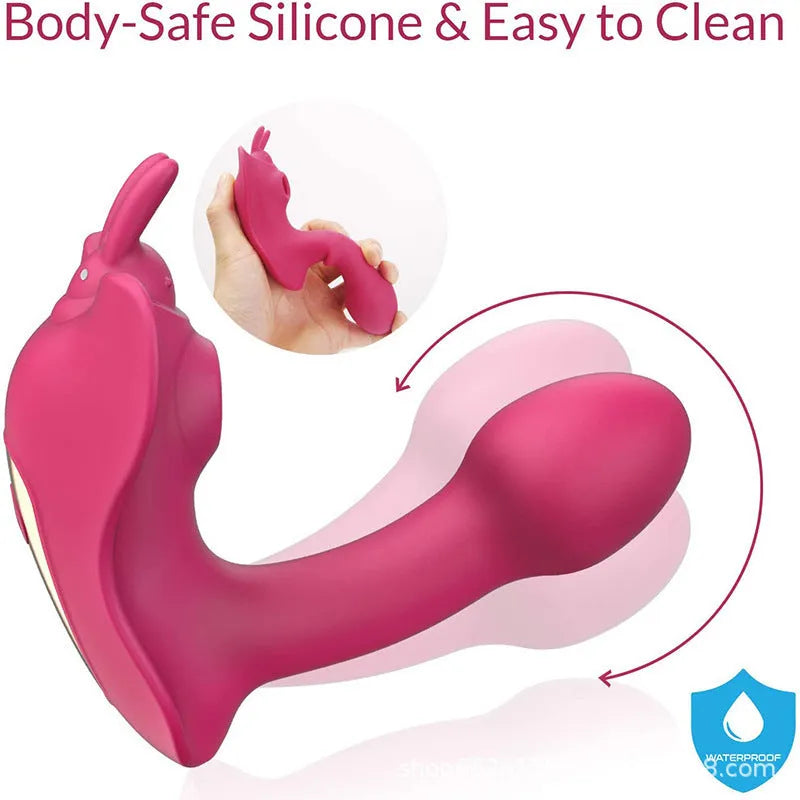 Purple and red silicone butterfly remote control dildo vibrator with USB cable.