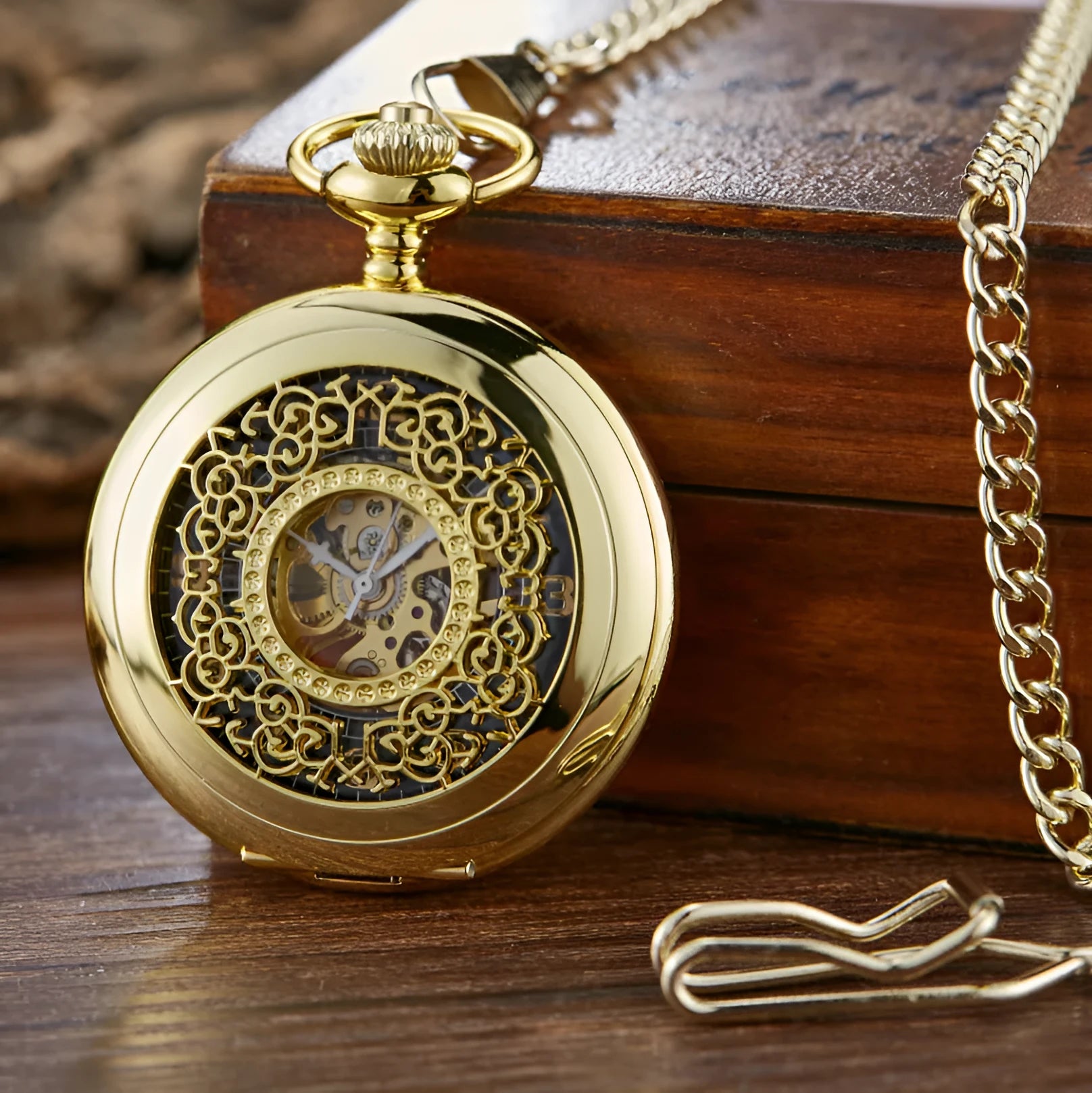 Retro mechanical pocket watch with floral print dial and transparent case back showing movement
