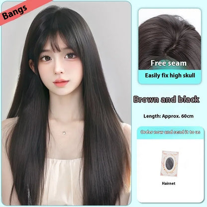Female full-head wig with forehead lace seamless construction in brown black and cold brown colour options