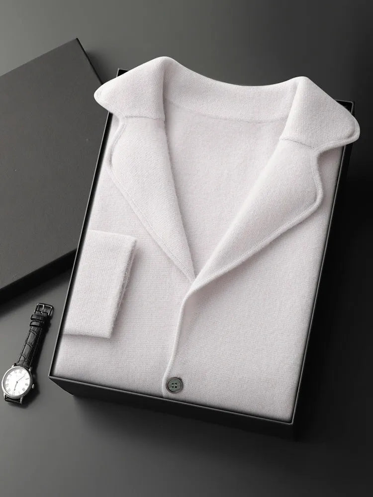 Men's cashmere lapel collar cardigan jacket in light gray colour showing loose fit and knitted texture