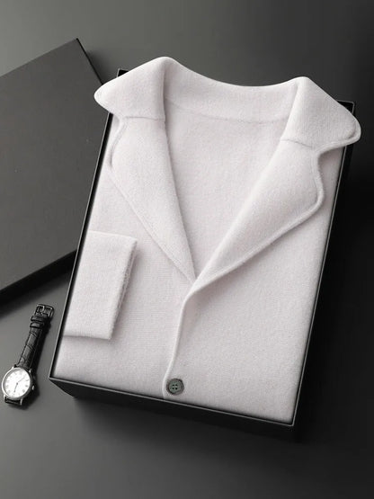 Men's cashmere lapel collar cardigan jacket in light gray colour showing loose fit and knitted texture
