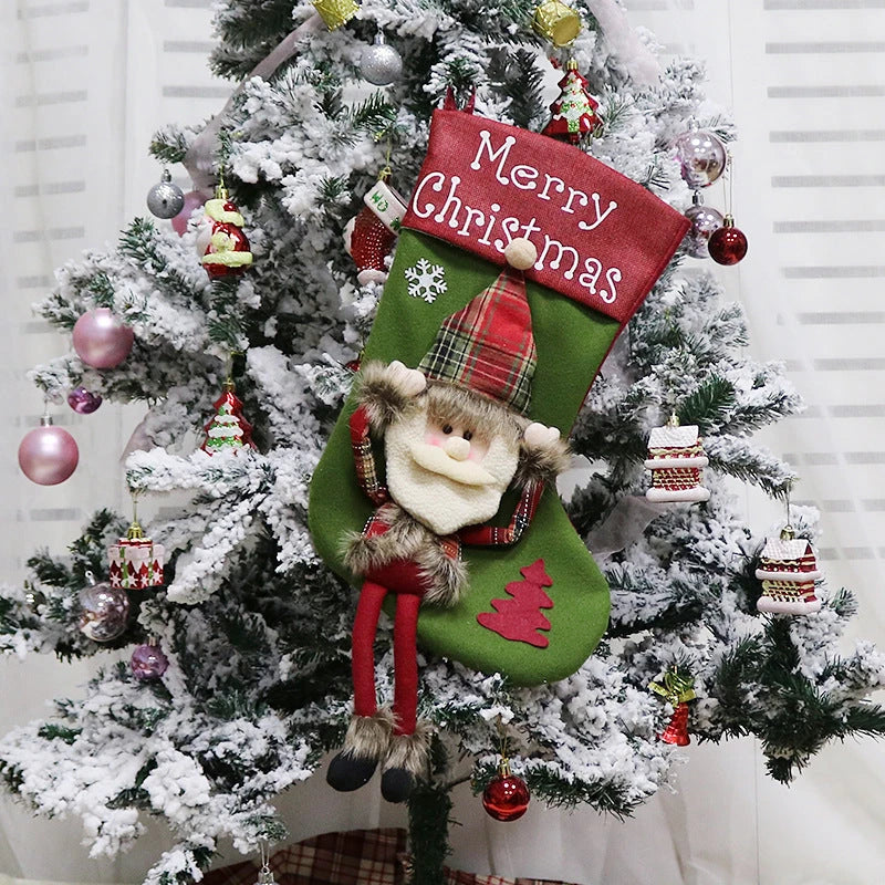 Cozy Christmas stockings with 3D appliqué designs of Santa, Snowman, and Reindeer characters