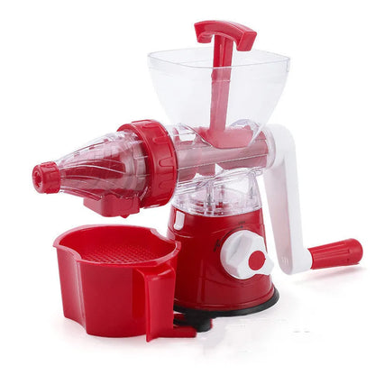 Red manual plastic citrus juicer with a labour-saving lever on a kitchen counter.
